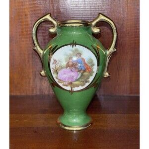 Limoges Green And Gold Miniature Vase Romantic Scene 3-3/4” Tall